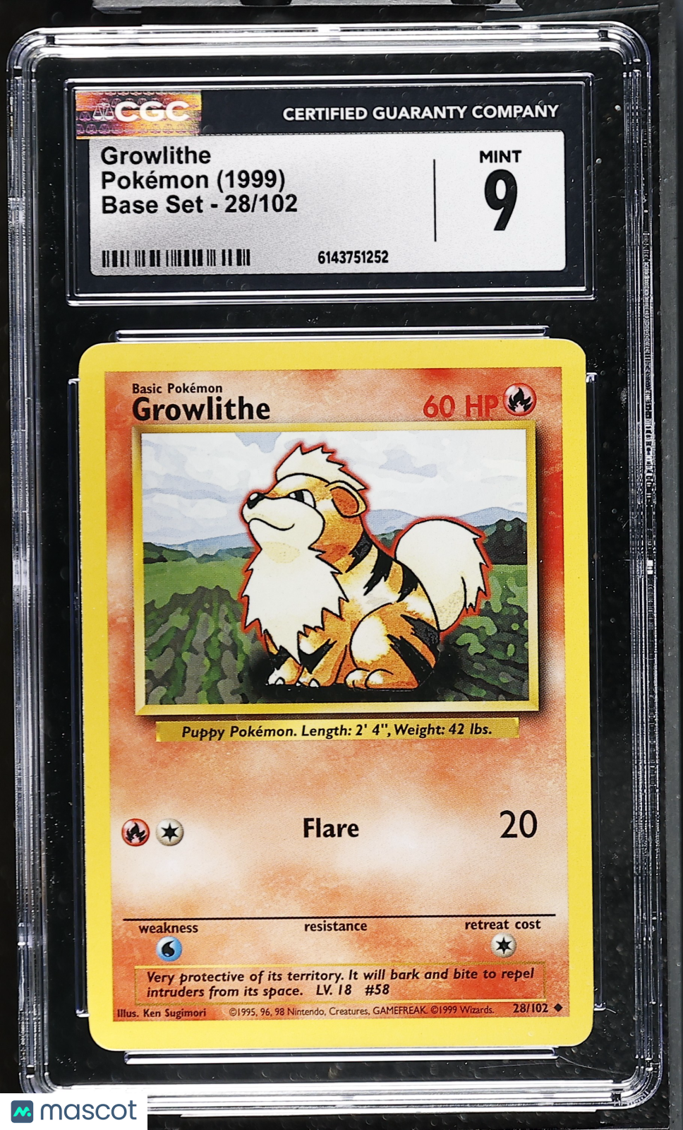 CGC 9 Mint Growlithe 28/102 Base Set 1999 Pokemon Card