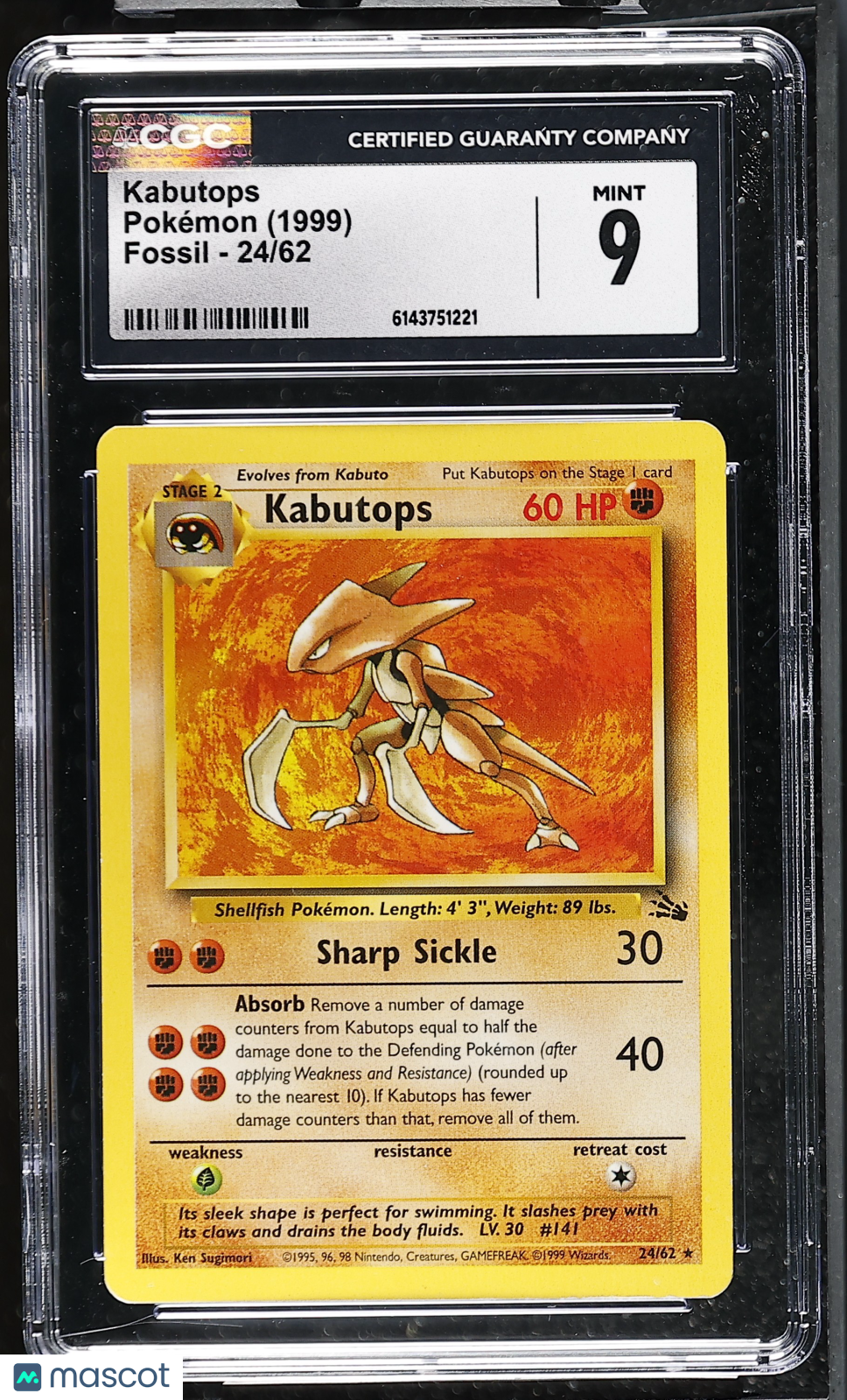 Kabutops 24/62 Non-Holo Rare Fossil Unlimited 1999 English Pokemon CGC 9 Mint