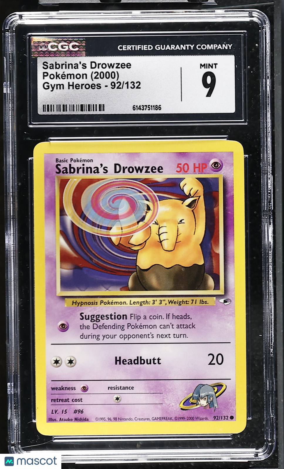 CGC 9 Mint Sabrina's Drowzee 92/132 Common Gym Heroes 2000 Pokemon Card