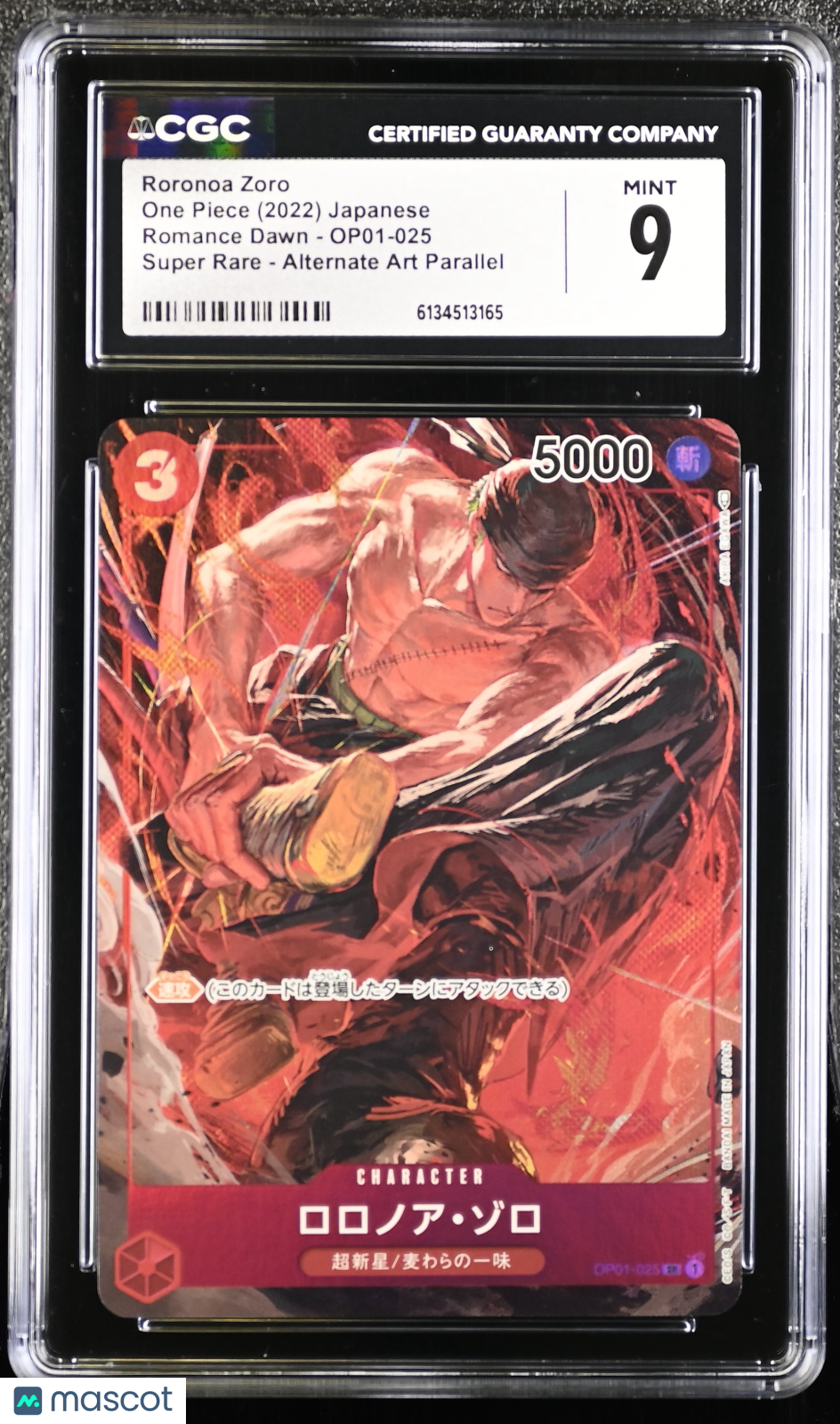 CGC 9 Mint Roronoa Zoro OP01-025 SR Alt Art Romance Dawn Japanese One Piece TCG