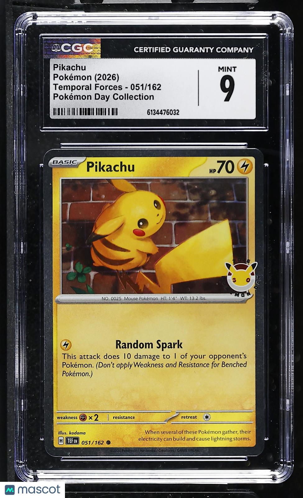 CGC 9 Mint Pikachu 051/162 Pokemon Day 2026 Collection Temporal Forces Pokemon
