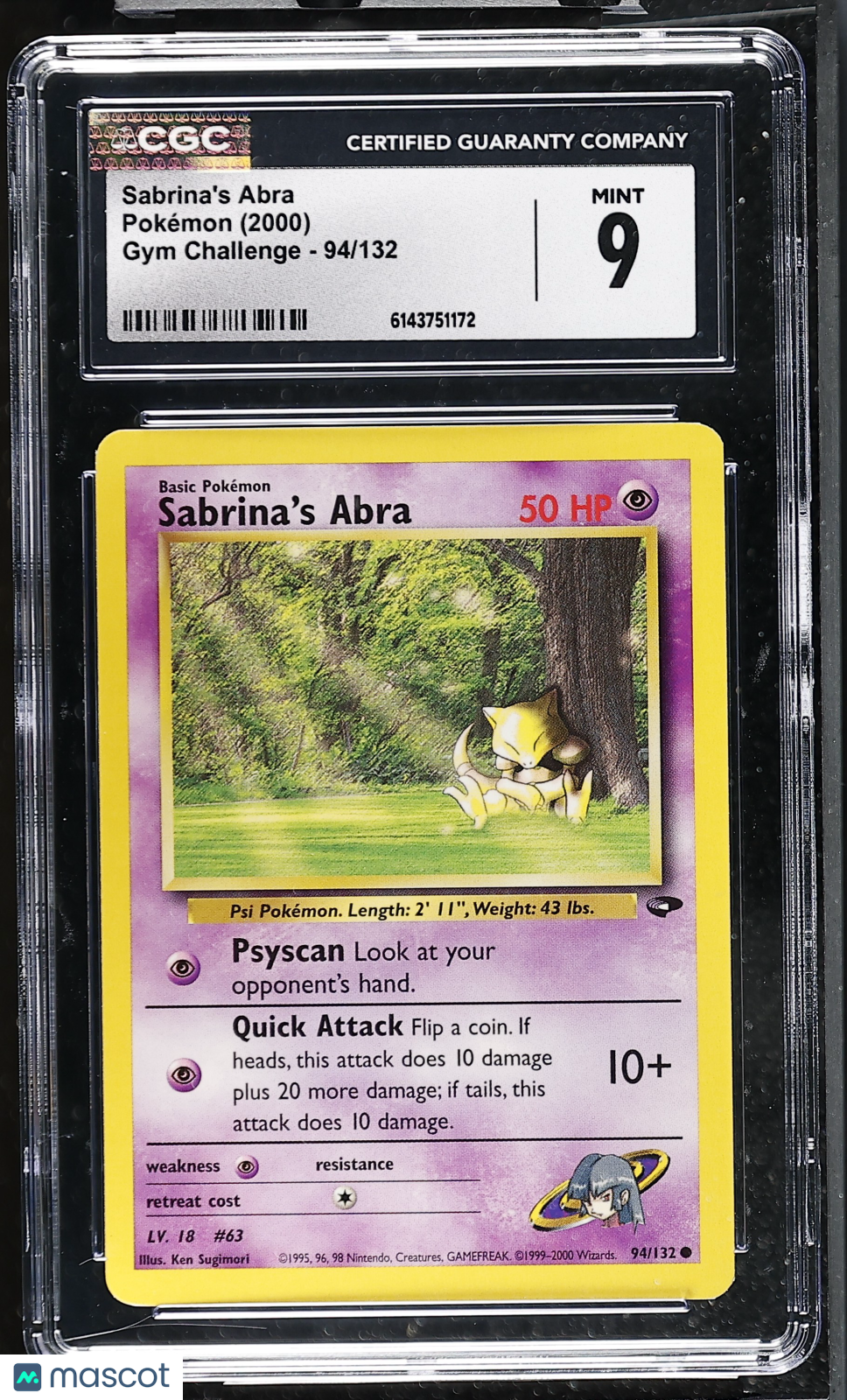 CGC 9 Mint Sabrina's Abra 94/132 Common Gym Challenge 2000 Pokemon Card