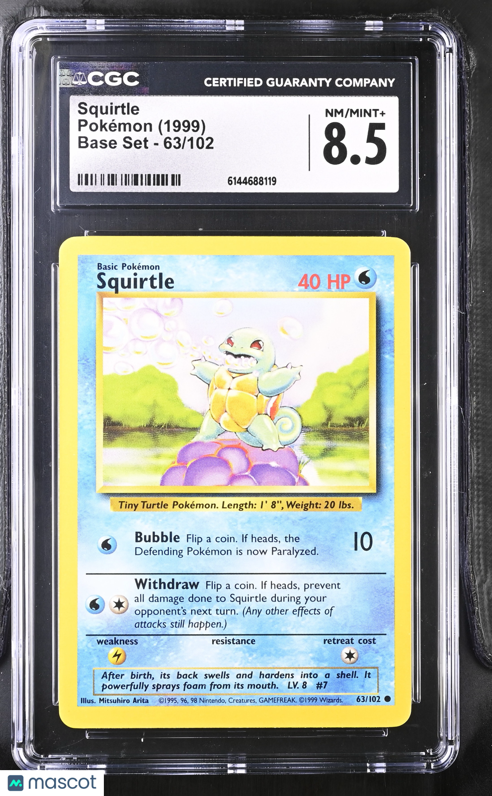 Squirtle 63/102 Base Set Unlimited 1999 WOTC English Pokemon CGC 8.5 NM/Mint+