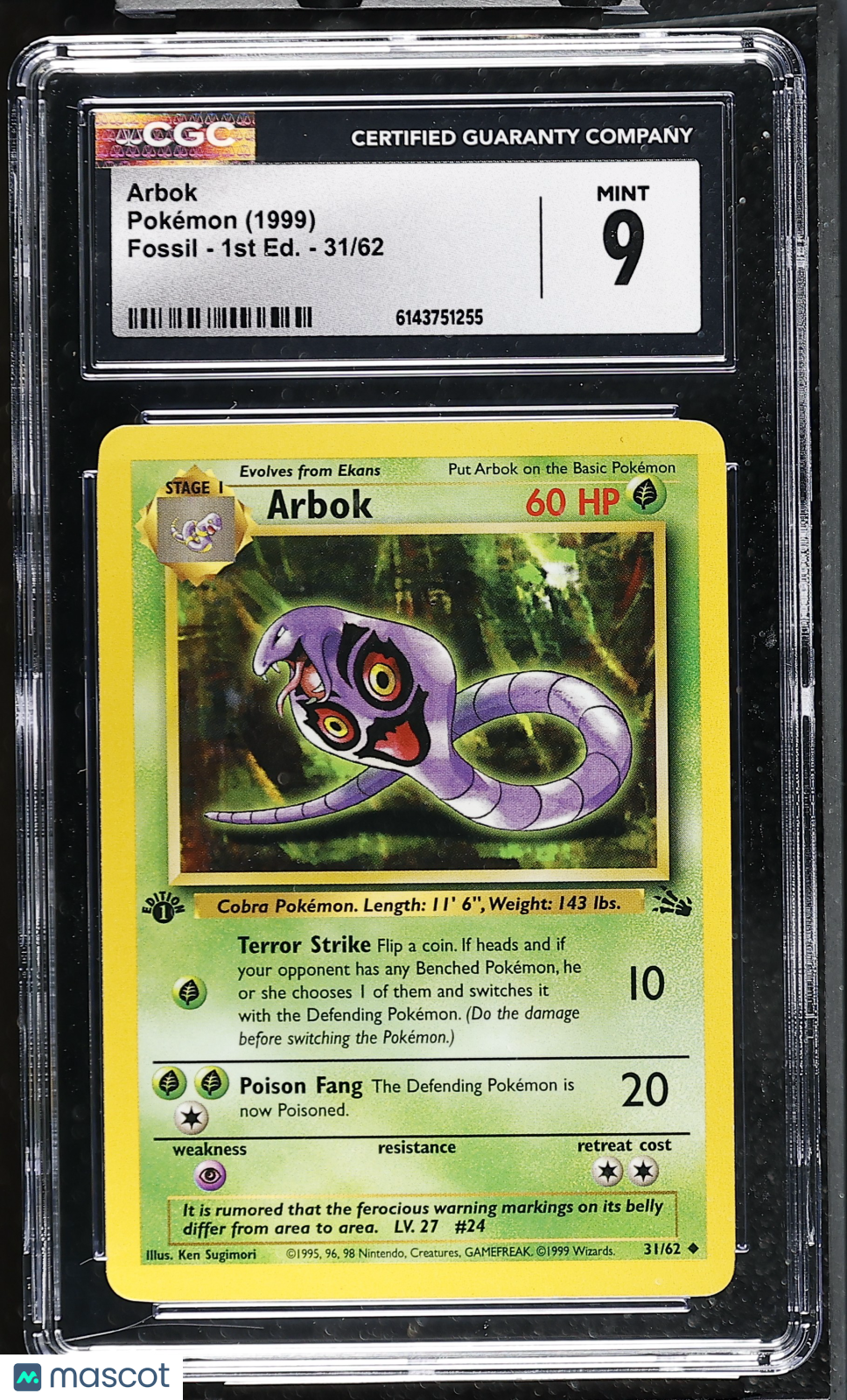 CGC 9 Mint Arbok 31/62 1st Edition Fossil 1999 Pokemon Card