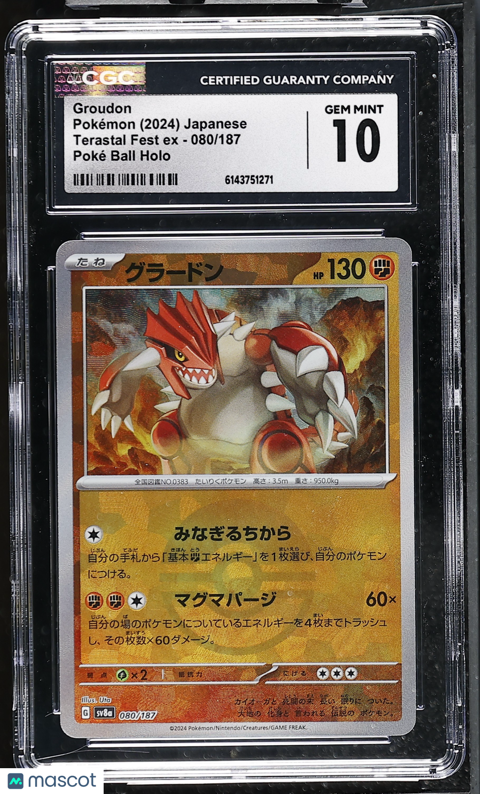 CGC 10 Gem Mint Groudon 080/187 Poke Ball Terastal Fest SV8a Japanese Pokemon