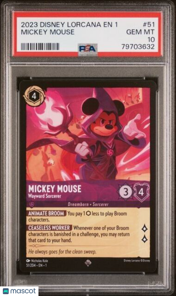 Disney Lorcana Mickey Mouse Wayward Sorcerer 51 Non Foil Super Rare PSA 10 Gem