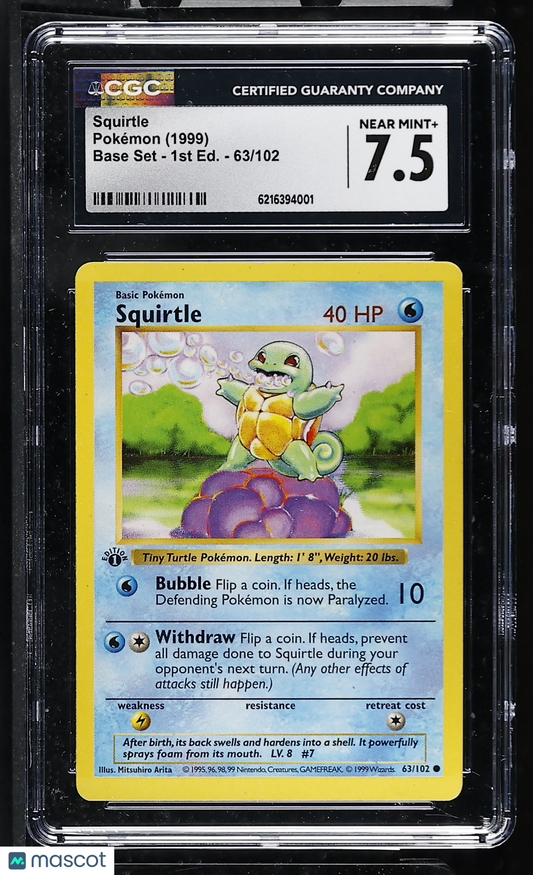 CGC 7.5 NM+ Squirtle 63/102 1st Edition Base Set Pokemon Card