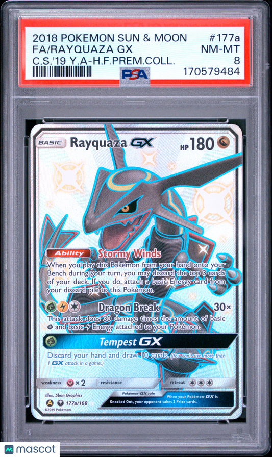 PSA 8 NM-MT Rayquaza GX 177a/168 Full Art Celestial Storm Promo Pokemon Card