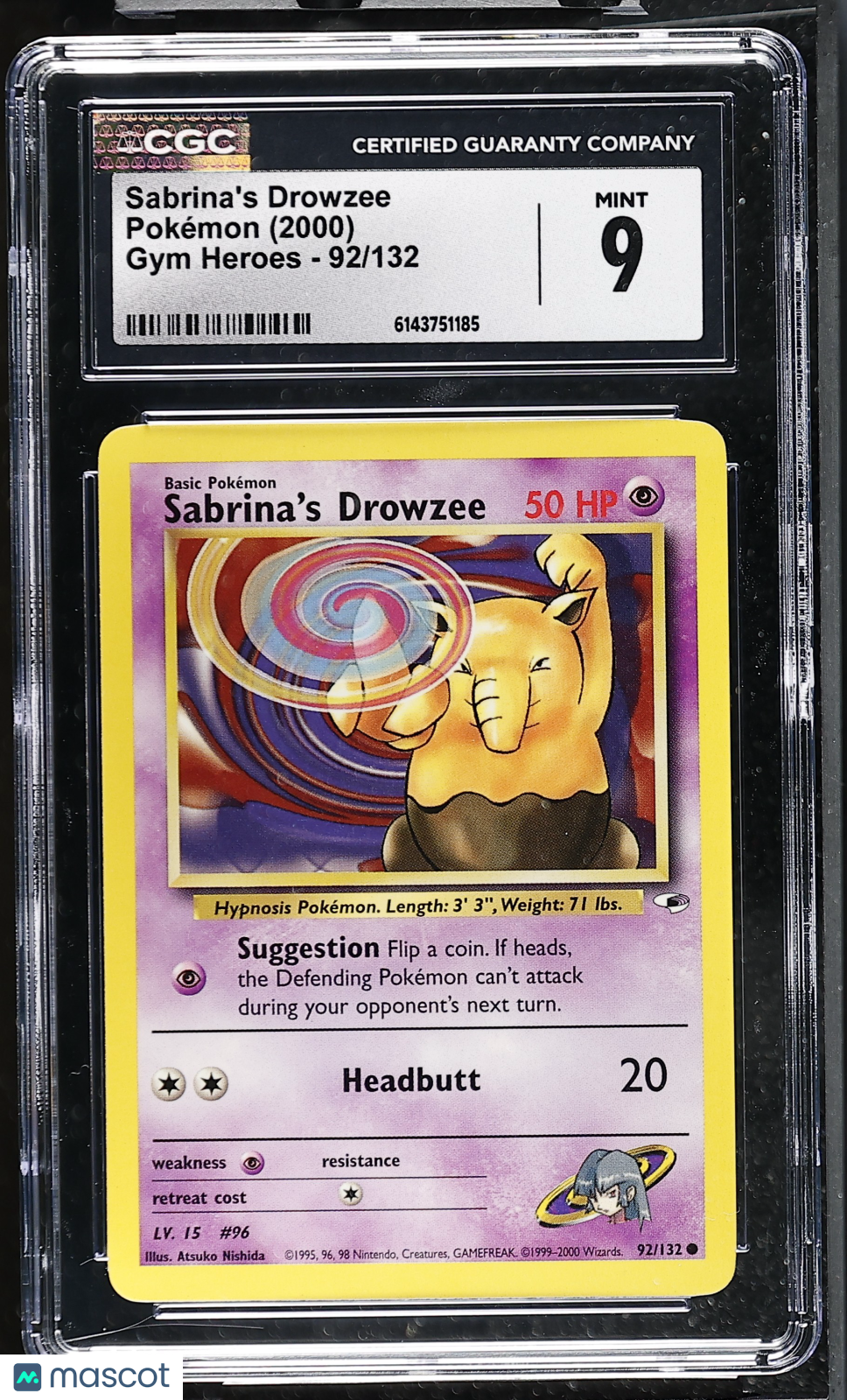 CGC 9 Mint Sabrina's Drowzee 92/132 Common Gym Heroes 2000 Pokemon Card