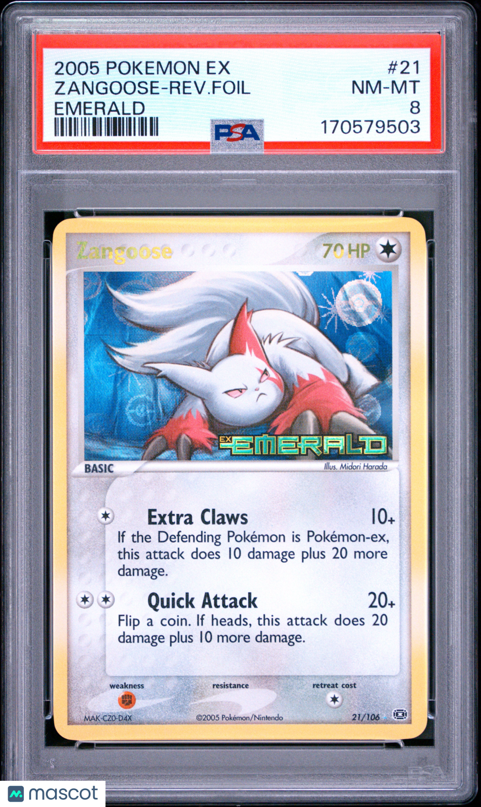 PSA 8 NM-MT Zangoose 21/106 Reverse Holo EX Emerald Pokemon Card 2005