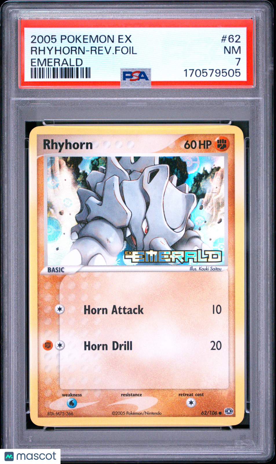 PSA 7 NM Rhyhorn 62/106 Reverse Holo EX Emerald Pokemon Card 2005