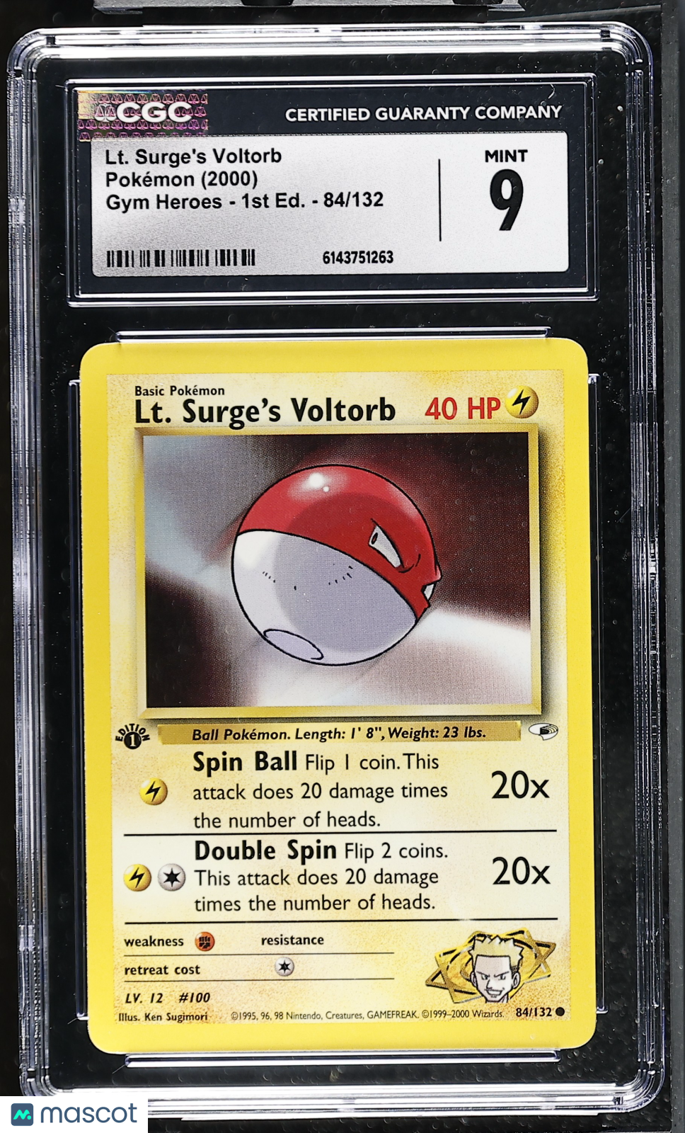 CGC 9 Mint Lt. Surge's Voltorb 84/132 1st Edition Gym Heroes 2000 Pokemon Card