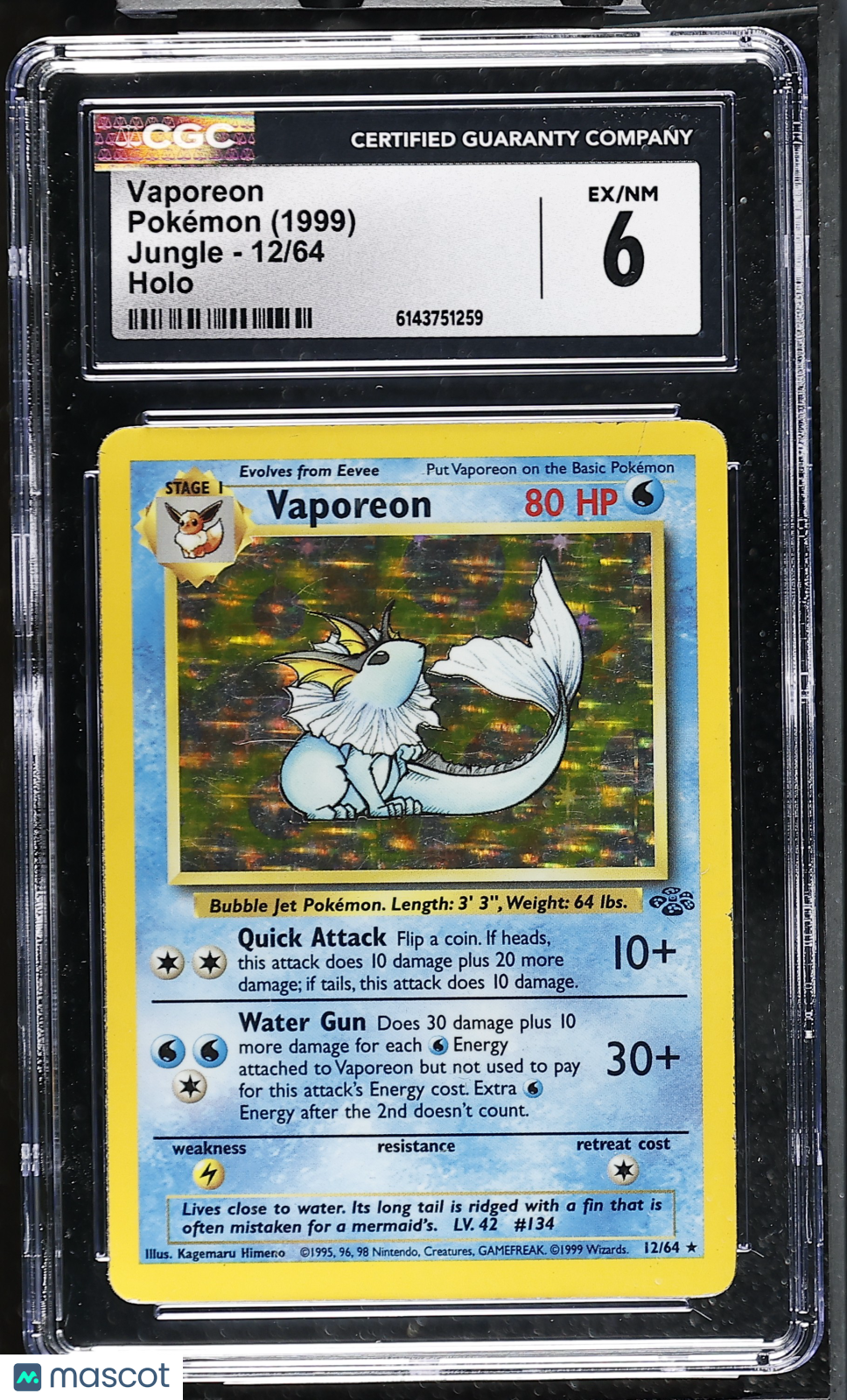 CGC 6 EX/NM Vaporeon 12/64 Holo Jungle 1999 Pokemon Card