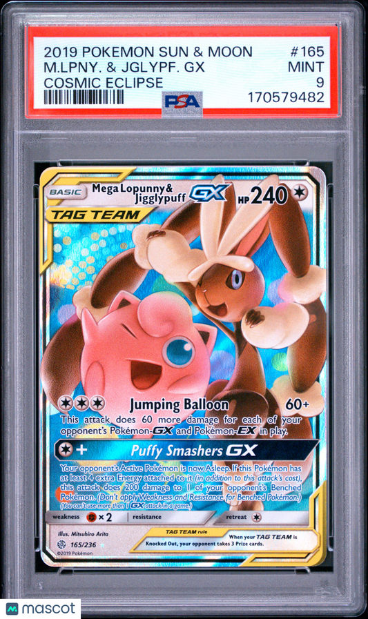 PSA 9 Mint Mega Lopunny & Jigglypuff GX 165/236 Cosmic Eclipse Tag Team Pokemon