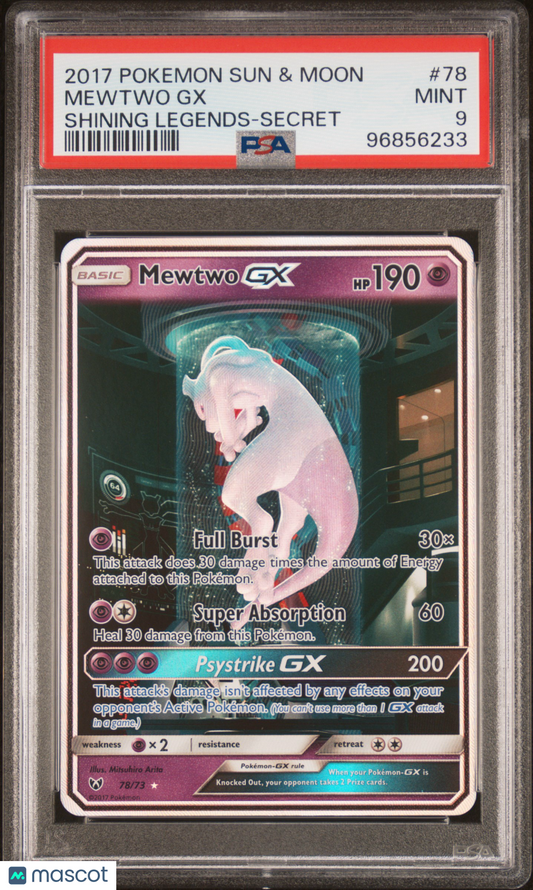 PSA 9 Mint Mewtwo GX 78/73 Secret Rare Shining Legends Pokemon Card