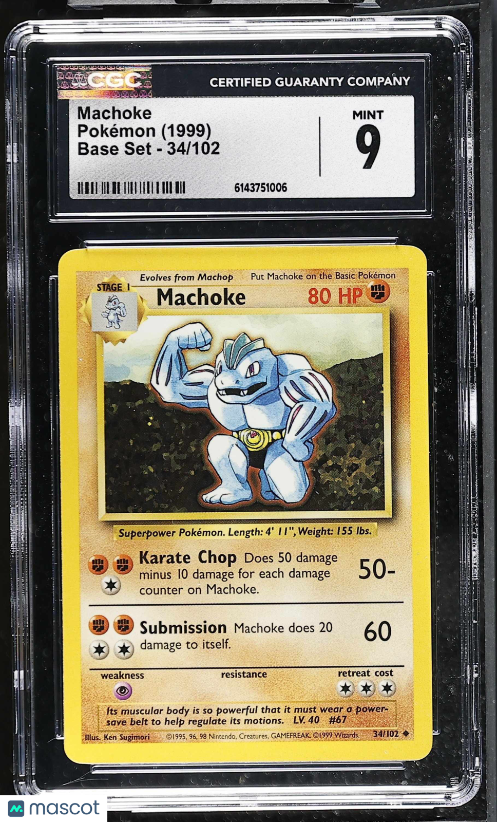 Machoke 34/102 Base Set Unlimited 1999 English Pokemon CGC 9 Mint