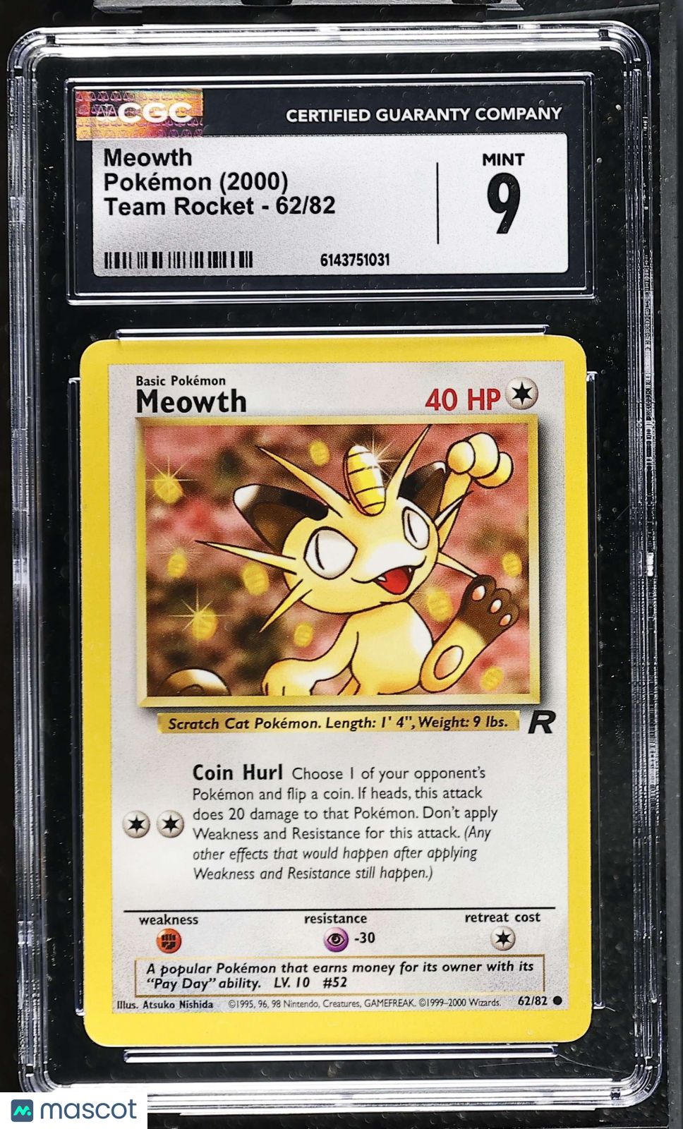 Meowth 62/82 Team Rocket Unlimited 2000 English Pokemon CGC 9 Mint