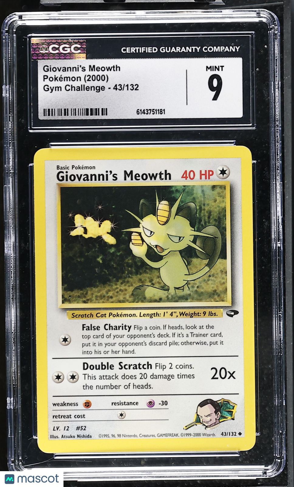 CGC 9 Mint Giovanni's Meowth 43/132 Uncommon Gym Challenge 2000 Pokemon Card
