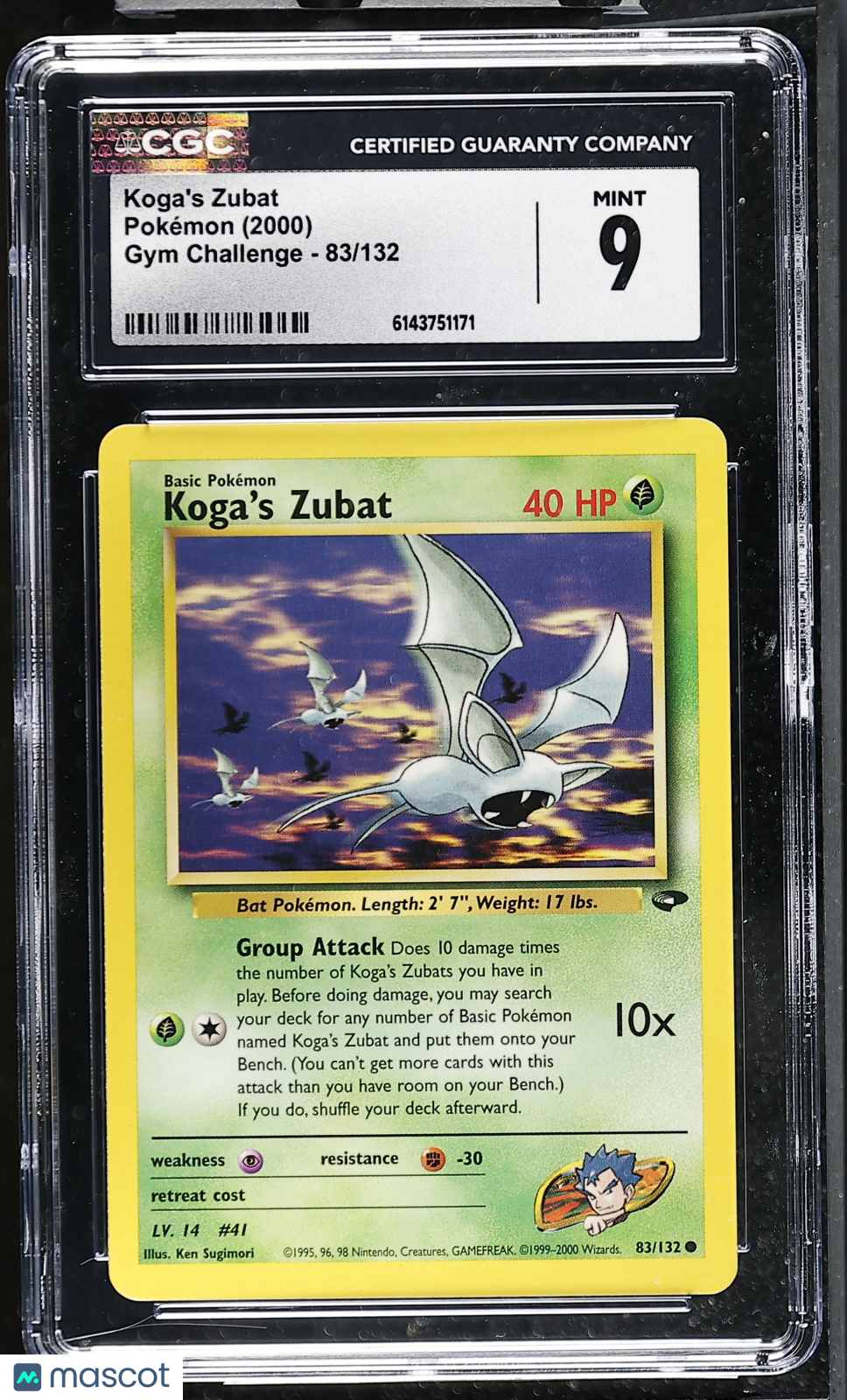 CGC 9 Mint Koga's Zubat 83/132 Common Gym Challenge 2000 Pokemon Card