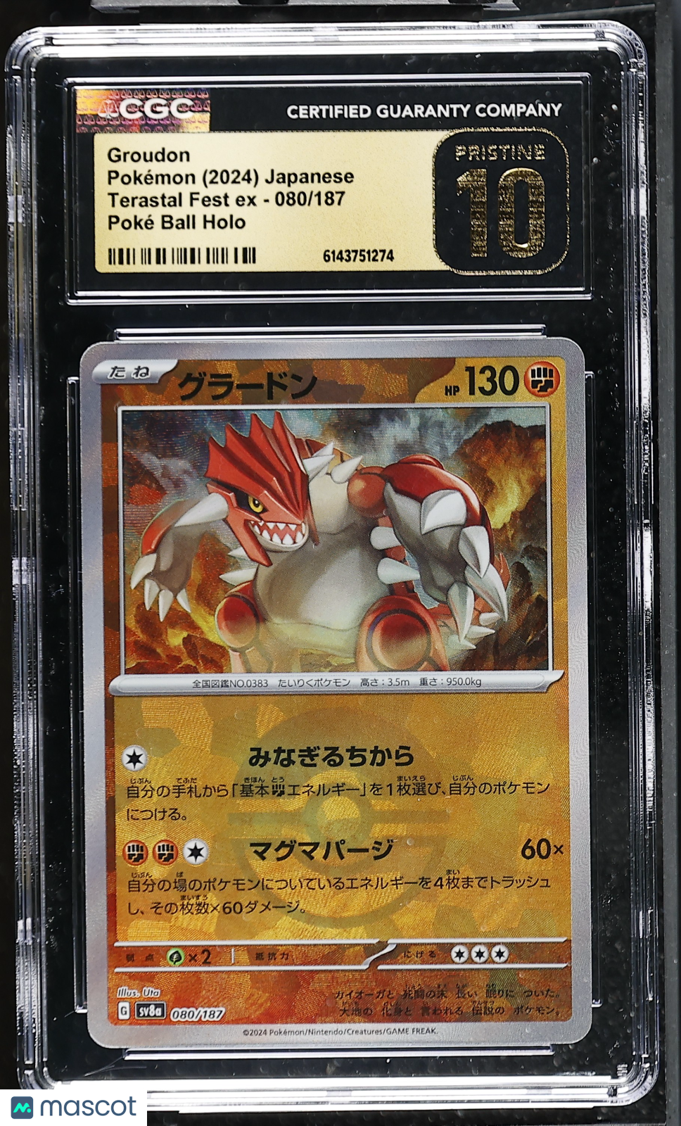 CGC 10 Pristine Groudon 080/187 Poke Ball Terastal Fest SV8a Japanese Pokemon