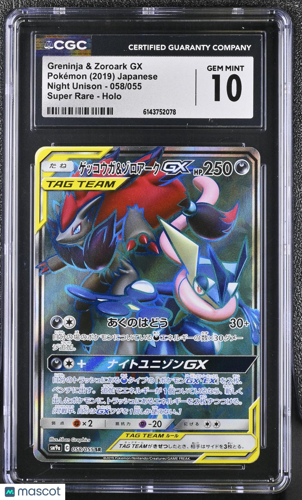 CGC 10 Gem Mint Greninja & Zoroark GX 058/055 Night Unison SM9a Japanese Pokemon