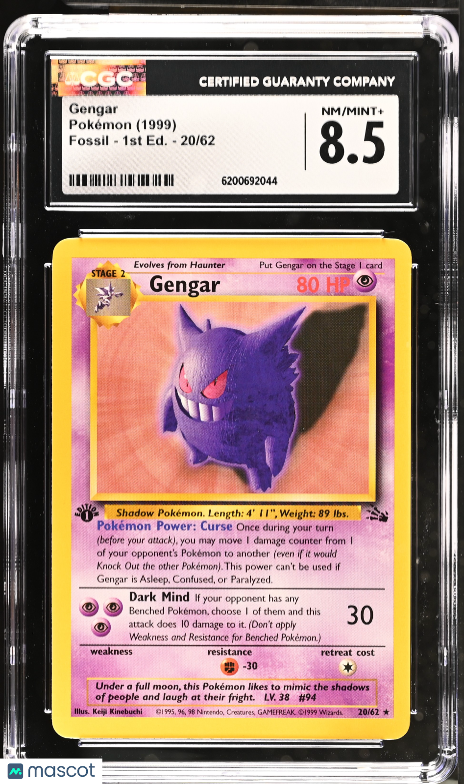 CGC 8.5 NM/Mint+ Gengar 20/62 1st Edition Fossil Pokemon Card