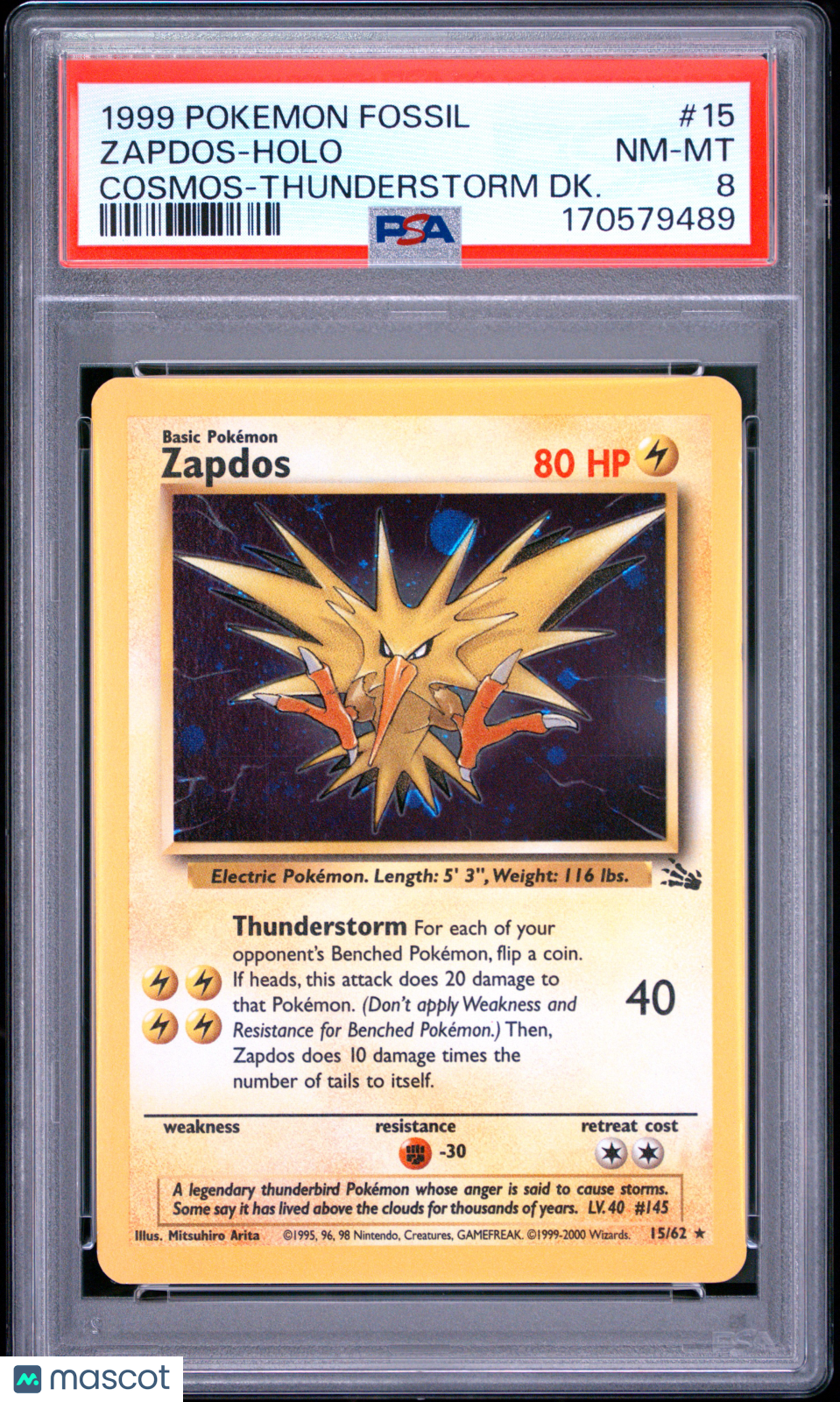 PSA 8 NM-MT Zapdos 15/62 Cosmos Holo Fossil Thunderstorm Deck WOTC Pokemon Card